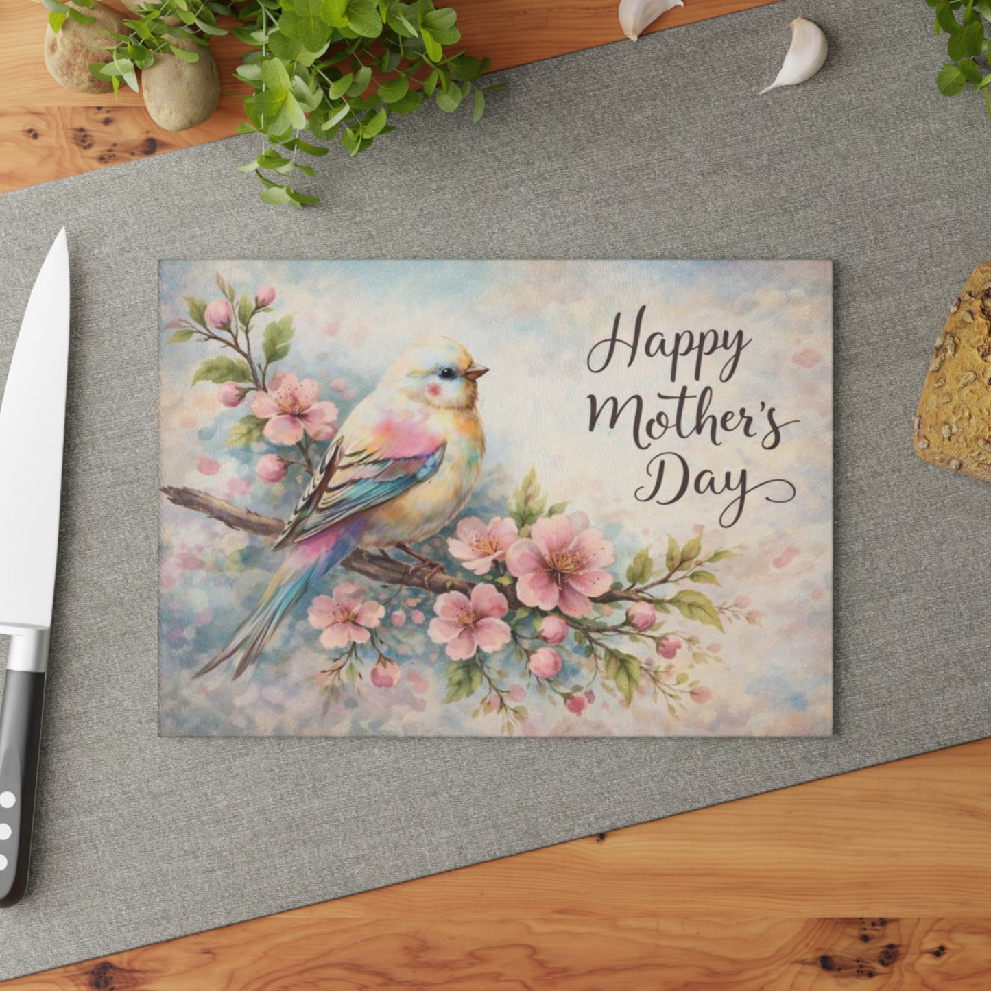 Happy Mother’s Day Bird & Cherry Blossom Glass Cutting Board – Soft Spring Floral Kitchen Accent