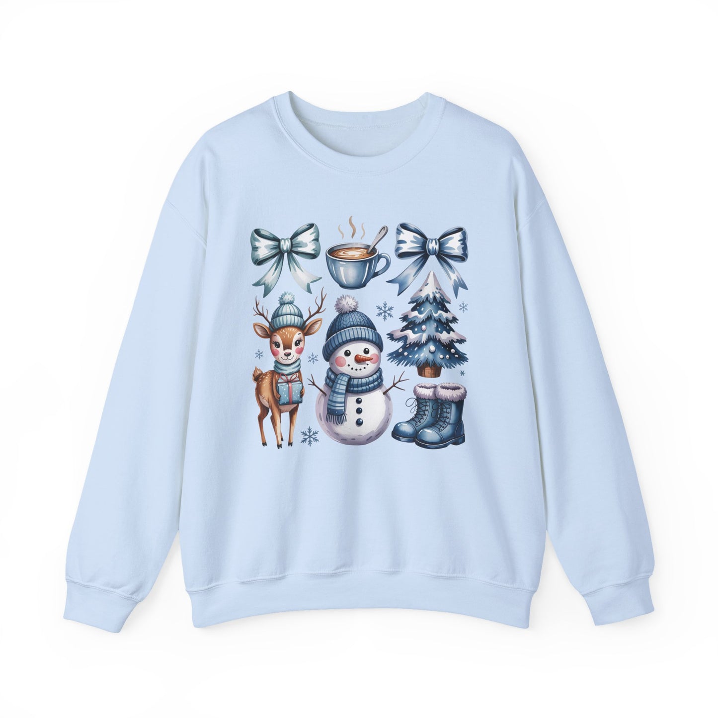 ❄️💙 Cozy Winter Vibes Crewneck – Reindeer, Snowman, Cocoa & Bows