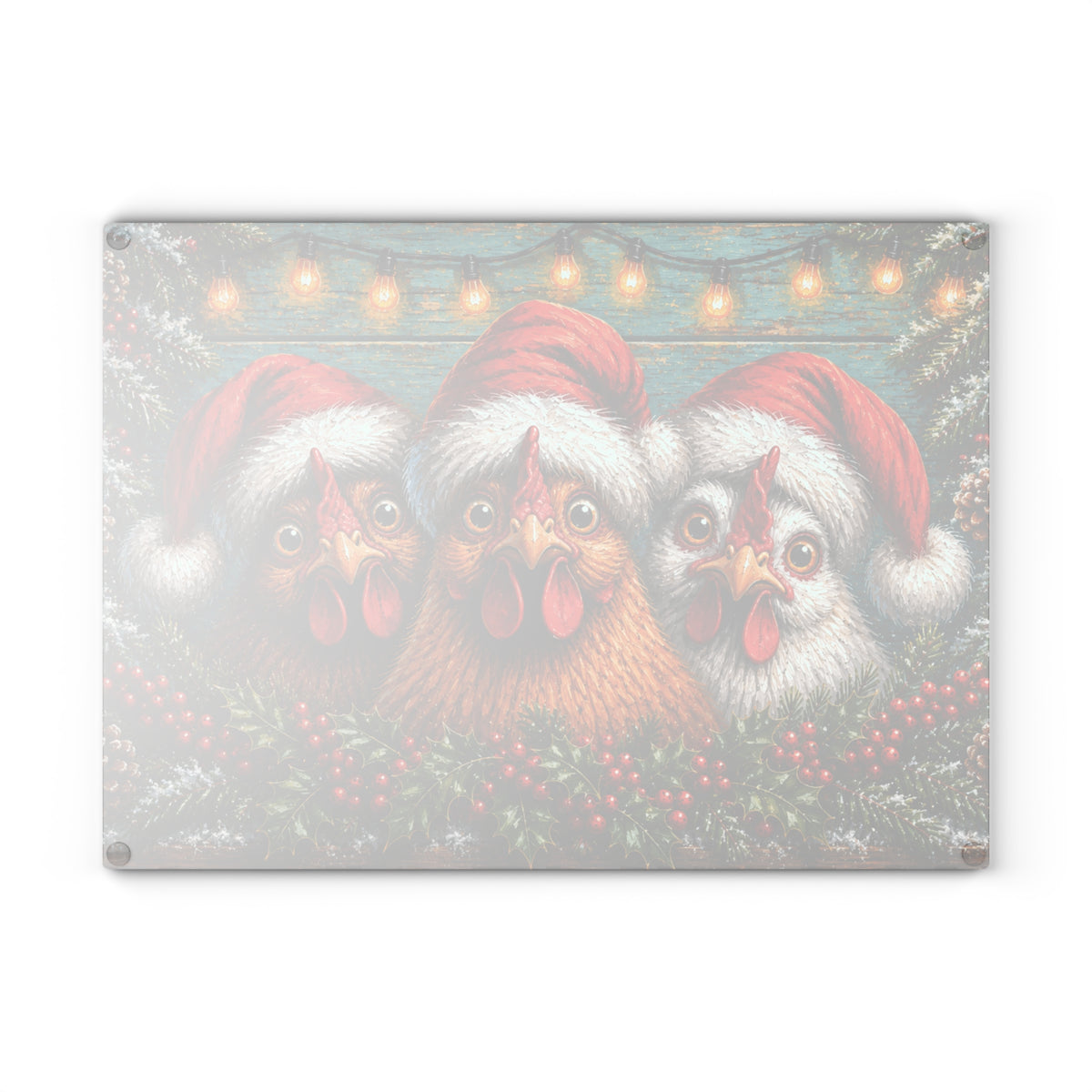 Christmas Chickens in Santa Hats Glass Cutting Board – Funny Holiday Farmhouse Kitchen Decor