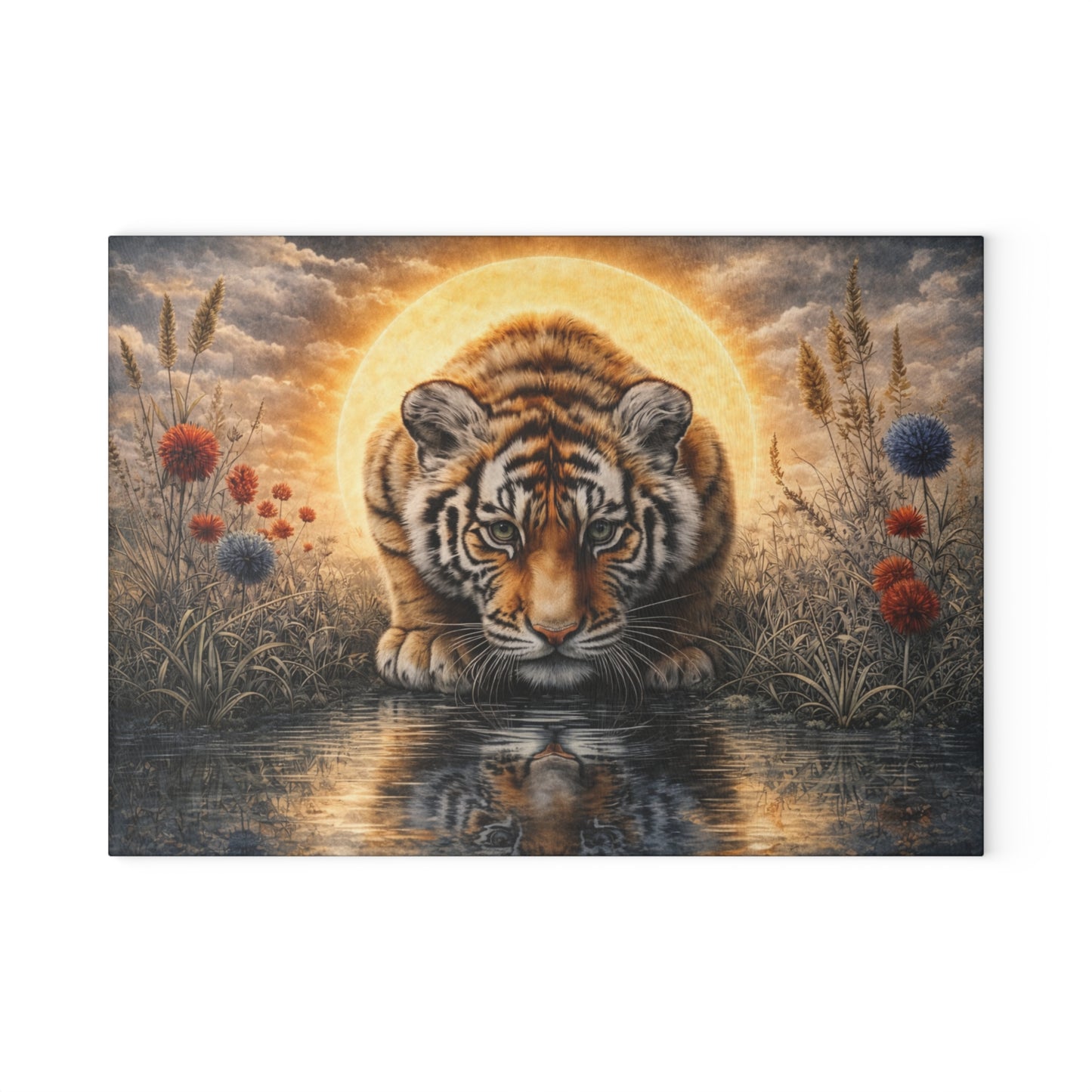 Tiger at Golden Sunset Glass Cutting Board – Majestic Wildlife Reflection Artwork