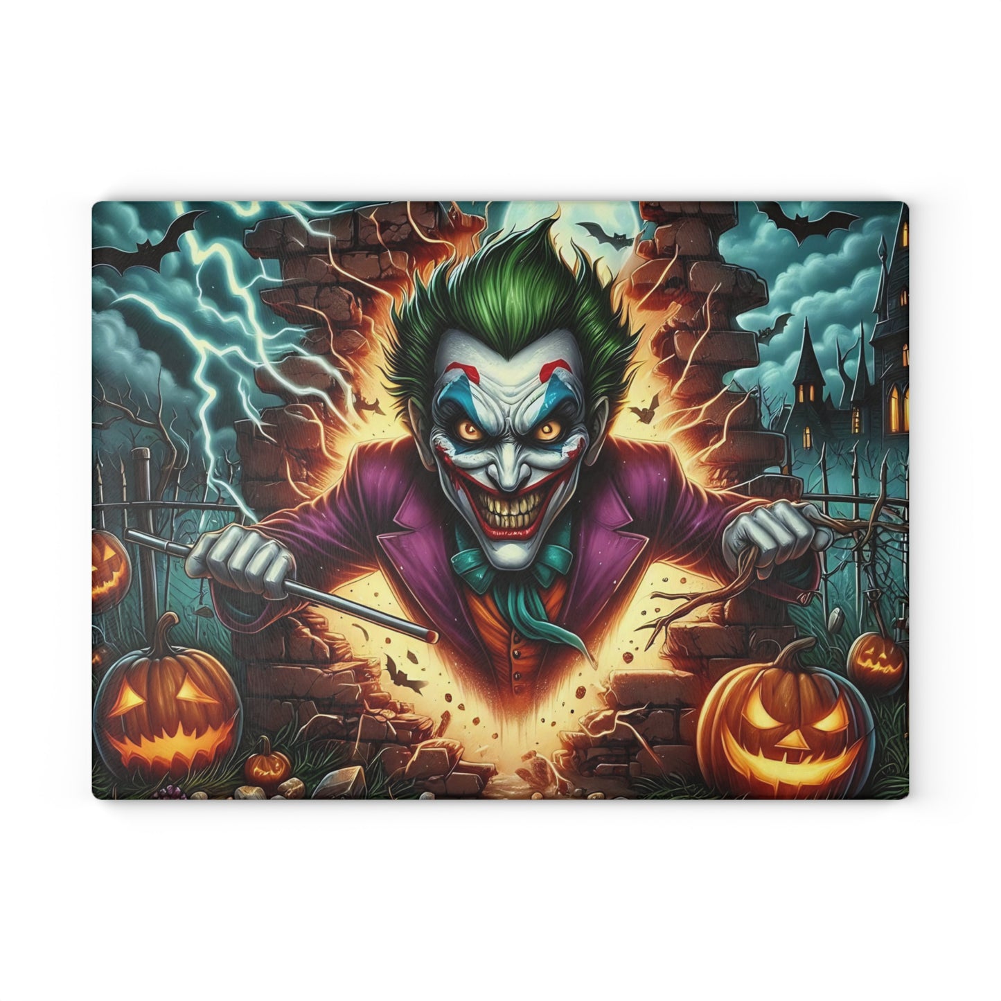 🎃 Sinister Clown Explosion Cutting Board – Halloween Mayhem with Pumpkins, Lightning & Haunted Vibes 💥💀