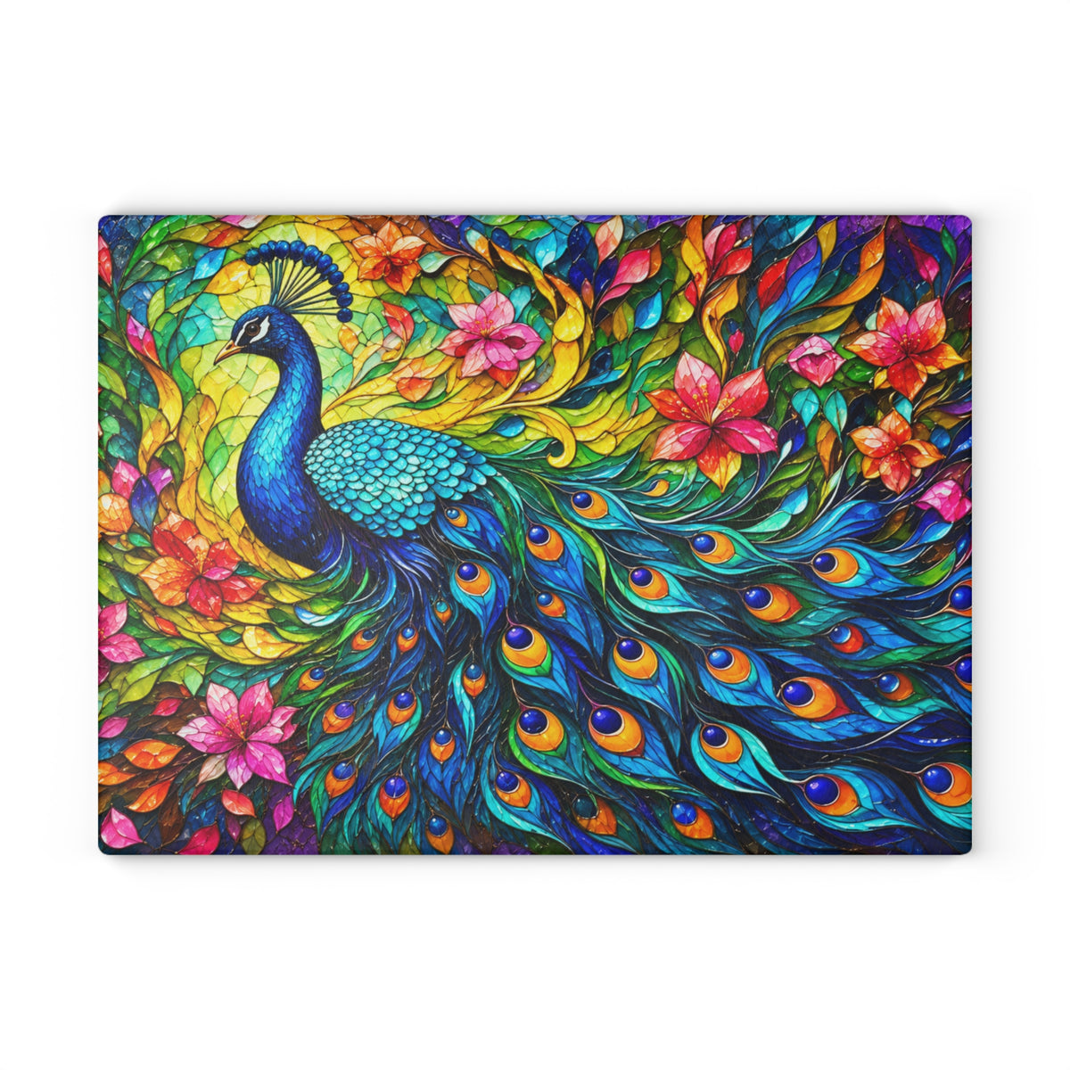 Colorful Peacock Stained-Glass-Inspired Cutting Board – Vibrant Peacock Feathers, Tropical Flowers & Elegant Kitchen Décor