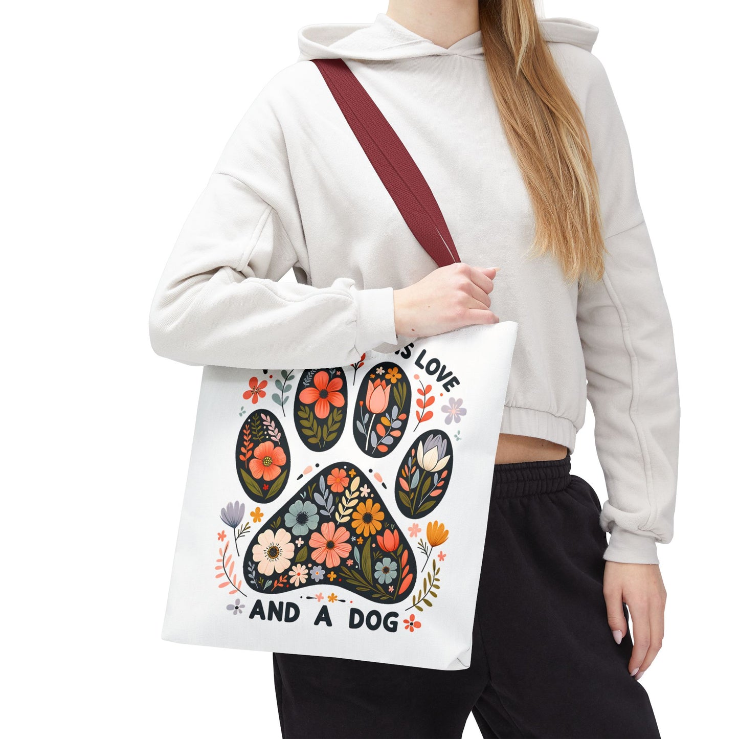🐾 All You Need is Love and a Dog Tote Bag – Floral Paw Print Perfection 🌸