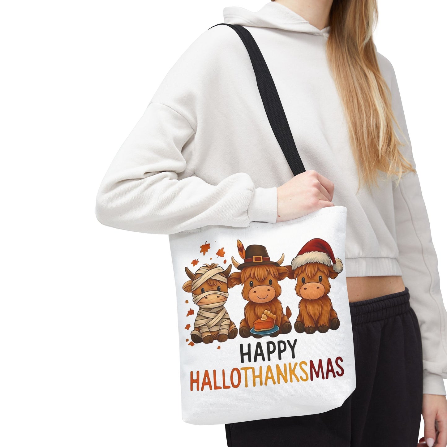 🐮 Happy Hallothanksmas Highland Cow Tote Bag – Holiday Fun All Season 🎃🦃🎄👜