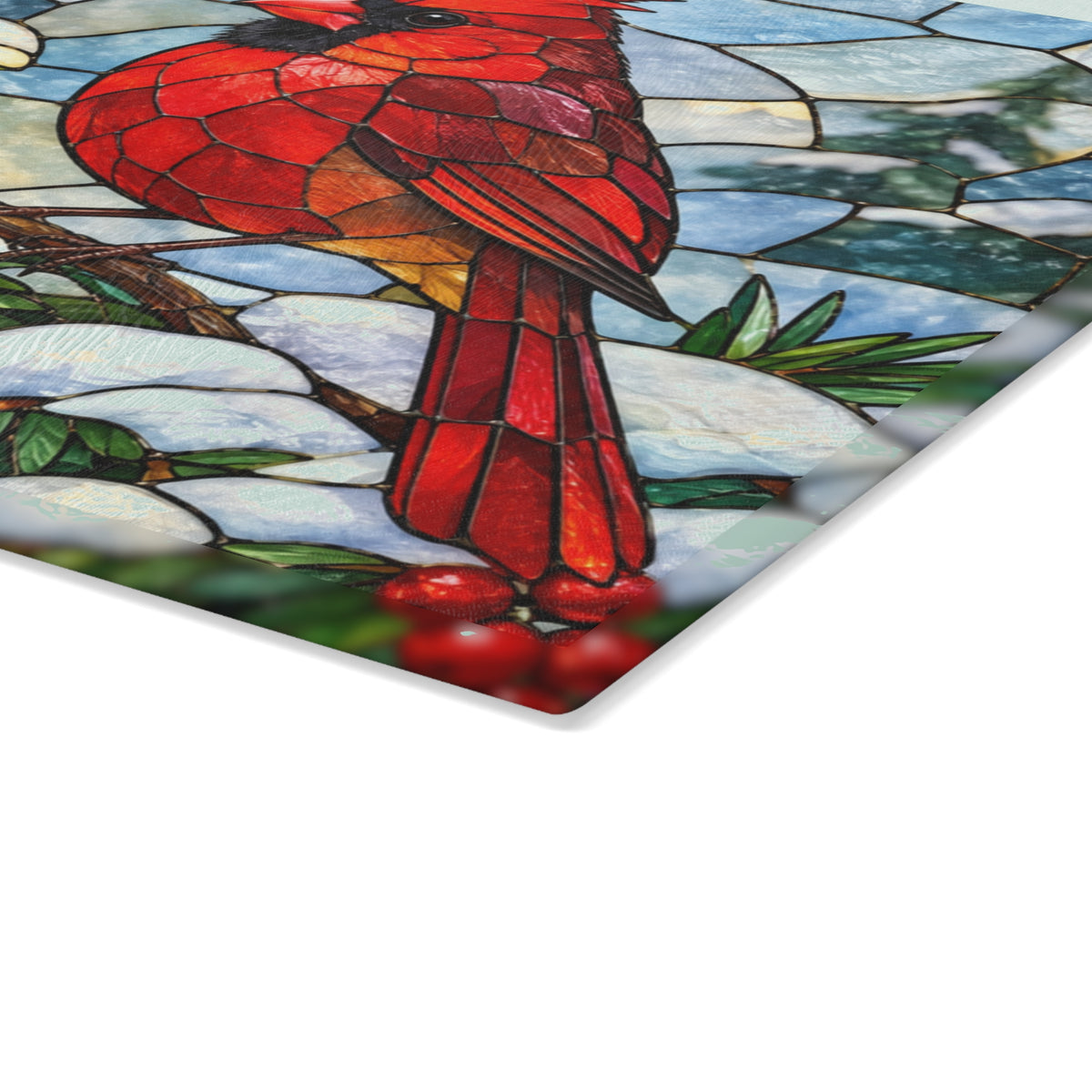 Winter Cardinal Stained-Glass-Look Glass Cutting Board