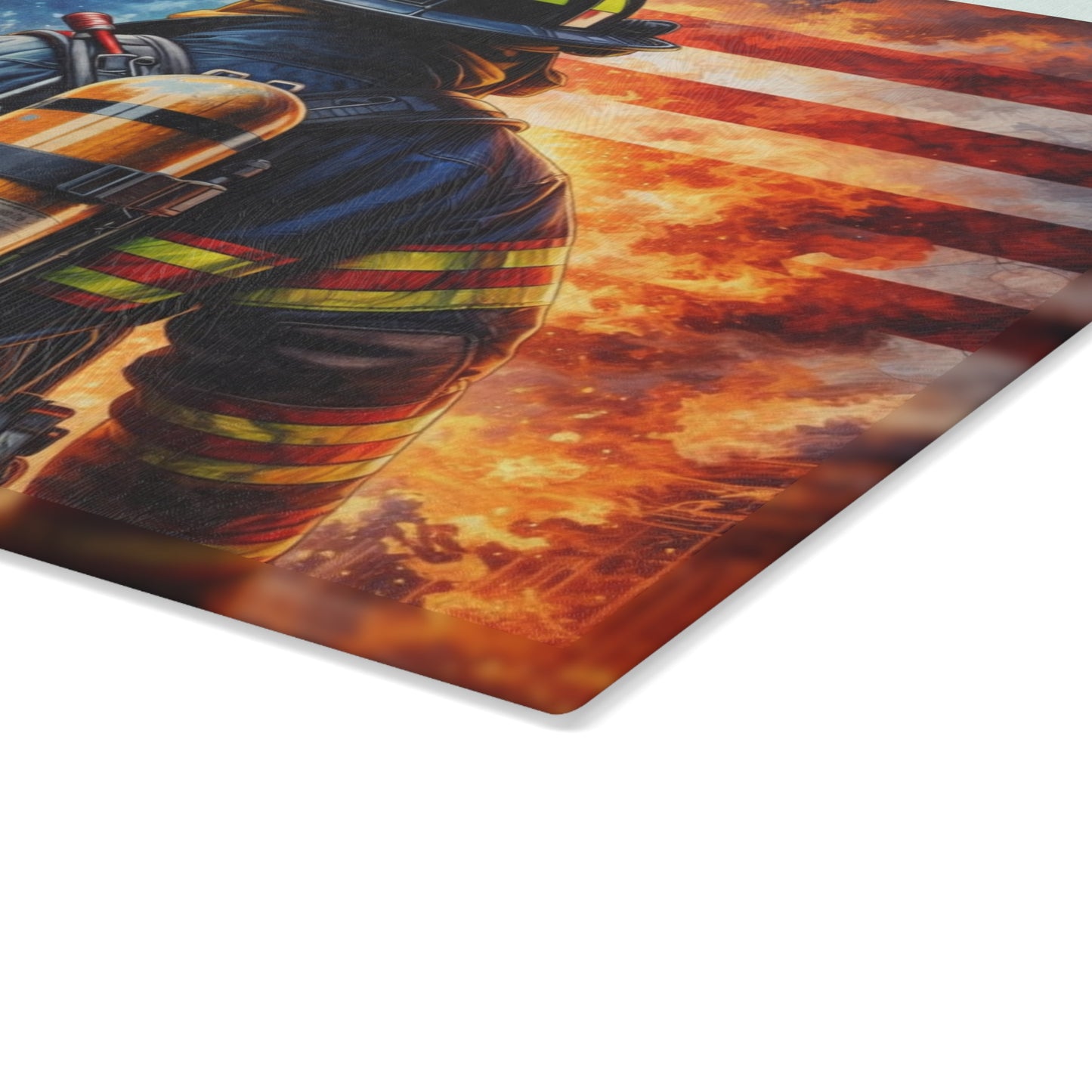American Firefighter Tribute Glass Cutting Board – Patriotic Hero Kitchen Art