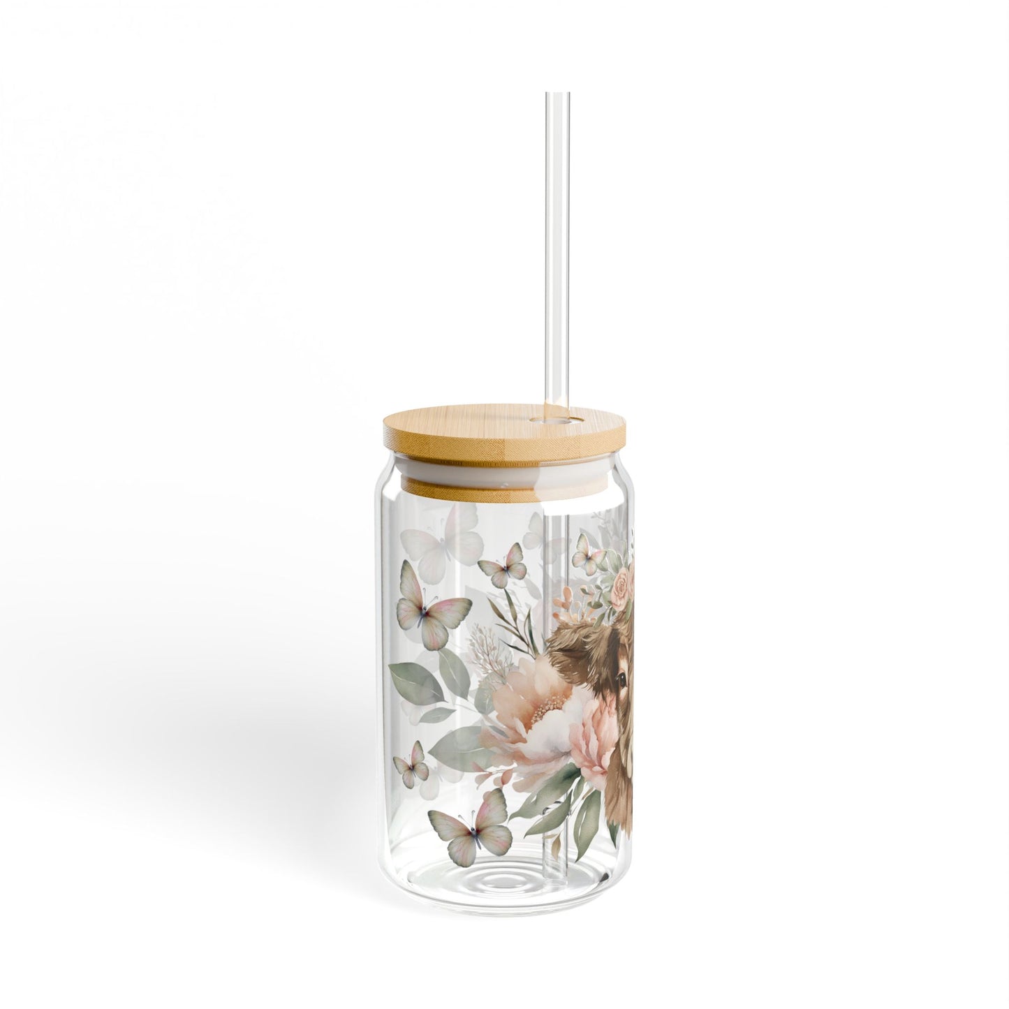 🐮🌸 Floral Highland Cow Sipper Glass – Rustic 16oz Charm with Country Elegance 🍹