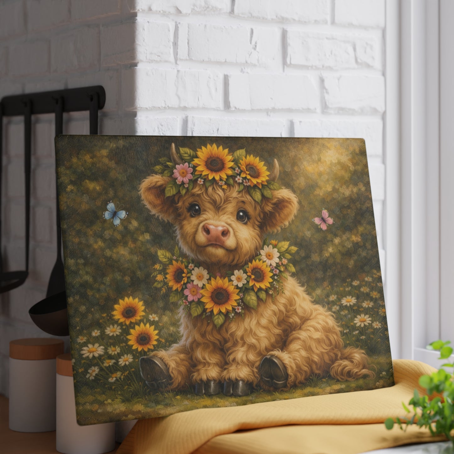 Floral Highland Calf Glass Cutting Board – Vintage Garden Style