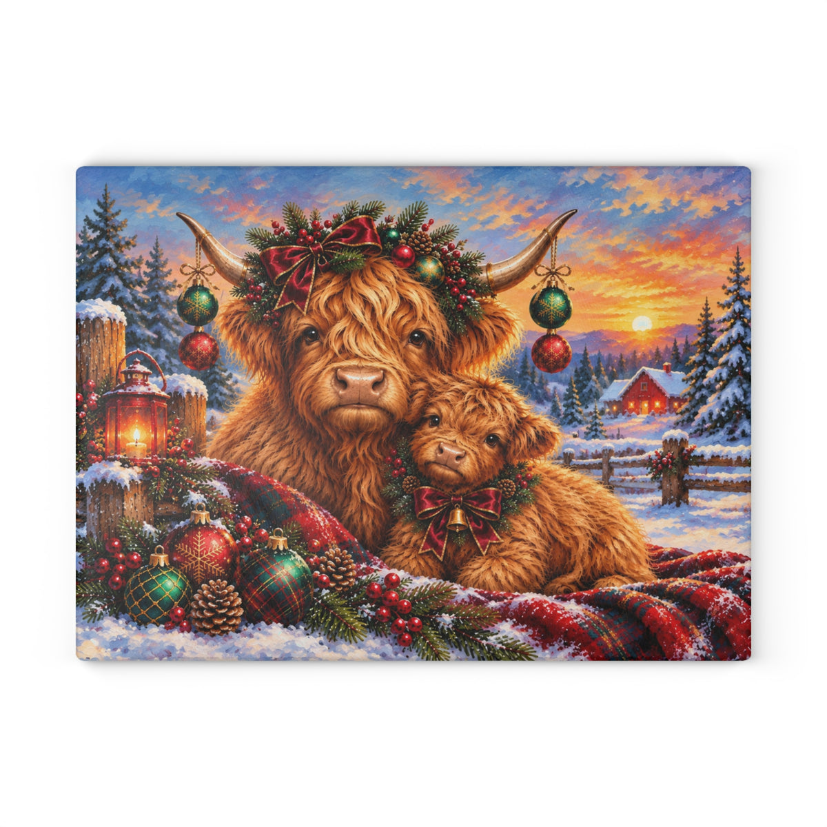 Christmas Highland Cow and Baby Calf Tempered Glass Cutting Board – Festive Farmhouse Winter Art – 11 × 15 Inches
