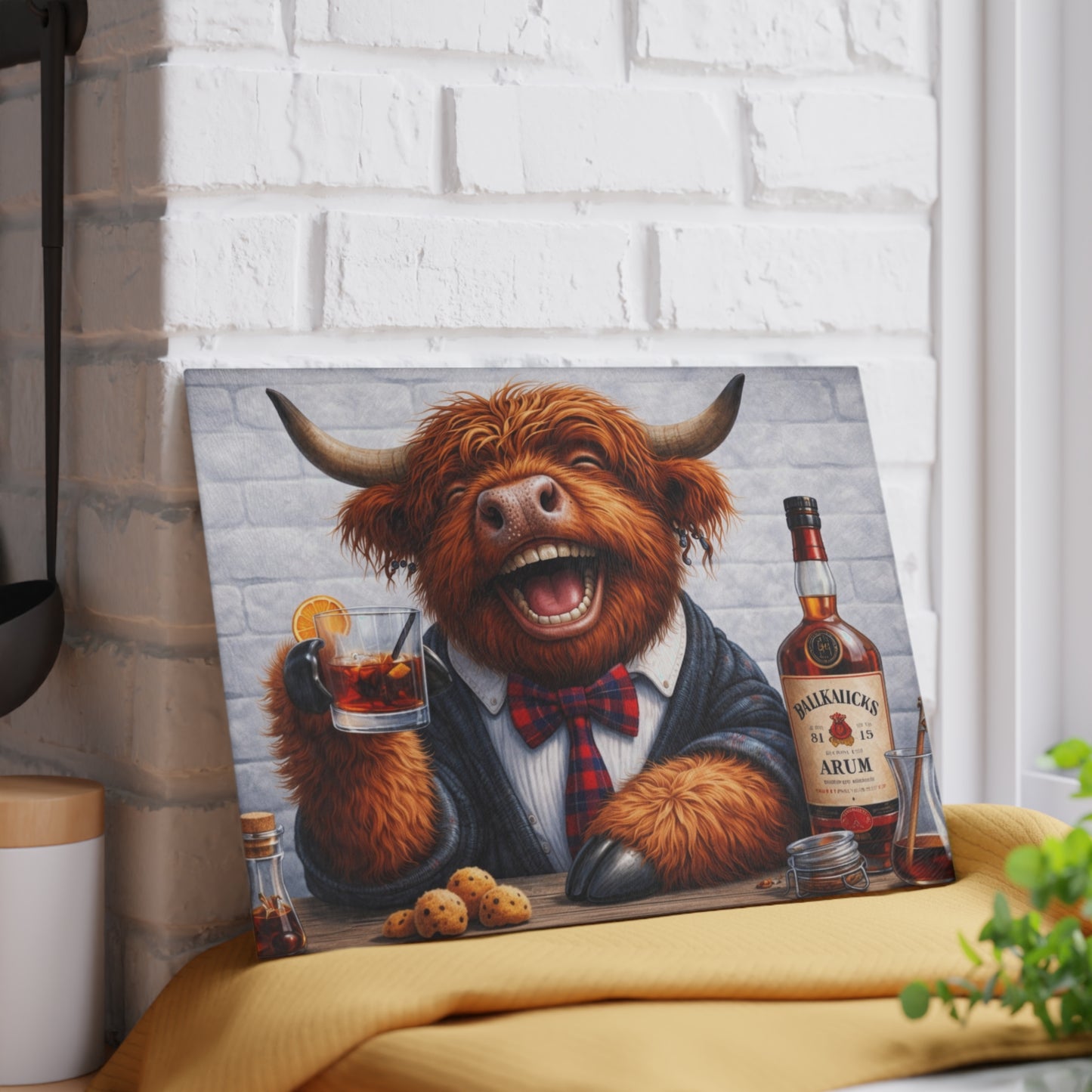 Smiling Highland Cow Whiskey Glass Cutting Board – Playful Farm Bar Art with Rustic Humor