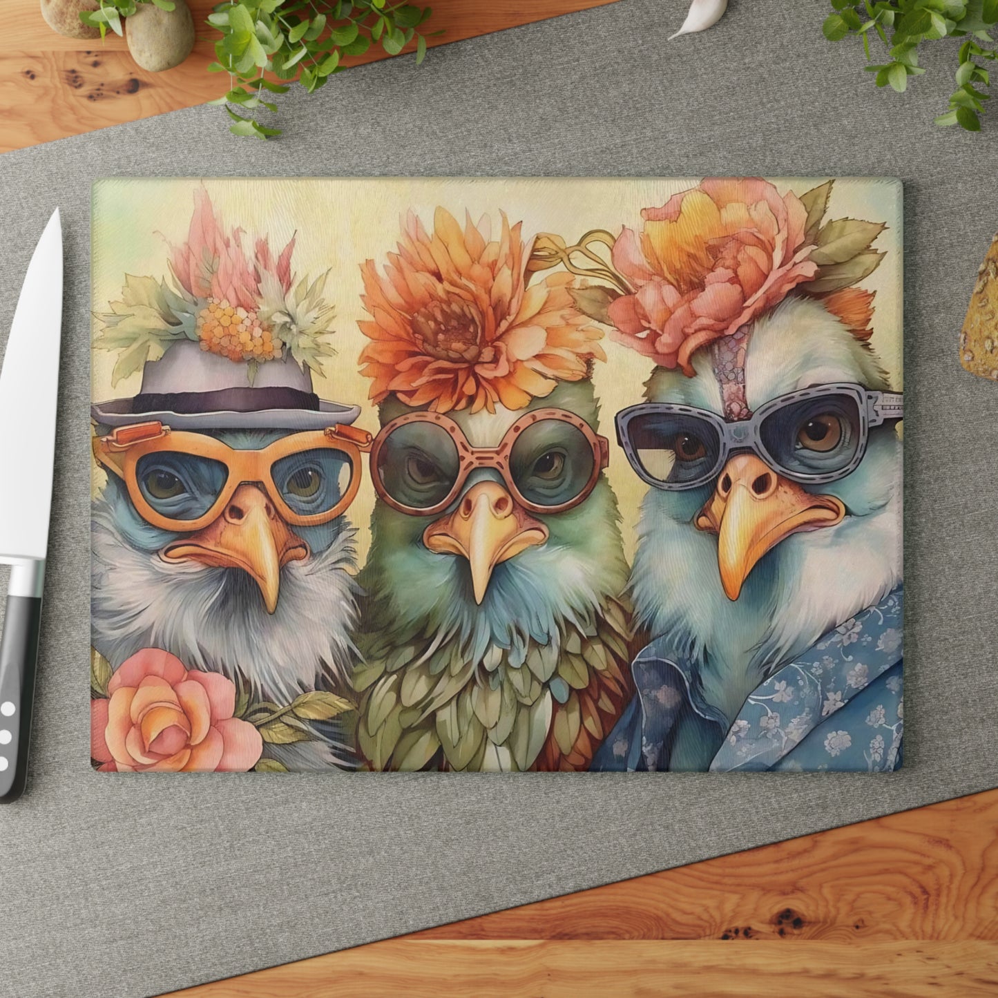 🕶️🌸 Feathered Friends Fun – Whimsical Birds Glass Cutting Board with Style and Sass 🐦