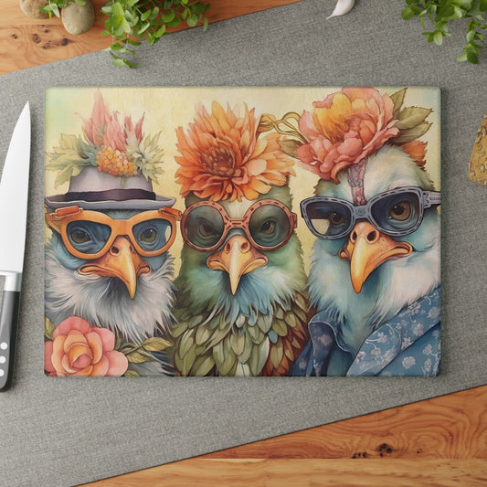 🕶️🌸 Feathered Friends Fun – Whimsical Birds Glass Cutting Board with Style and Sass 🐦