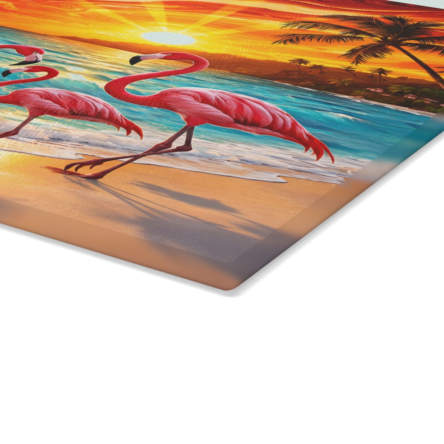 Vibrant Flamingo Sunset Glass Cutting Board – Tropical Coastal Kitchen Decor