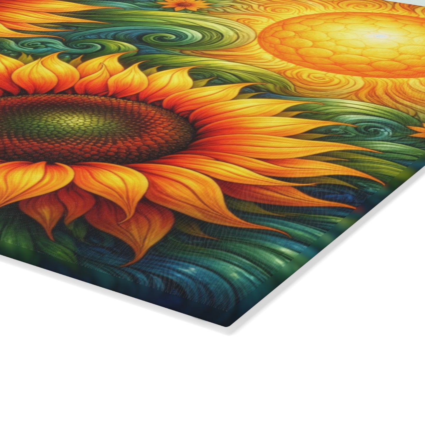 Sunflower Swirl Glass Cutting Board – Vibrant Farmhouse Kitchen Decor