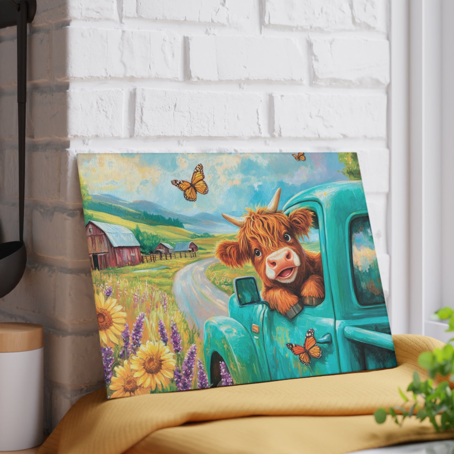 🚜🌻 Baby Highland Cow in Old Truck Glass Cutting Board – Rustic Farm Charm with Sunflowers & Barn 🌼
