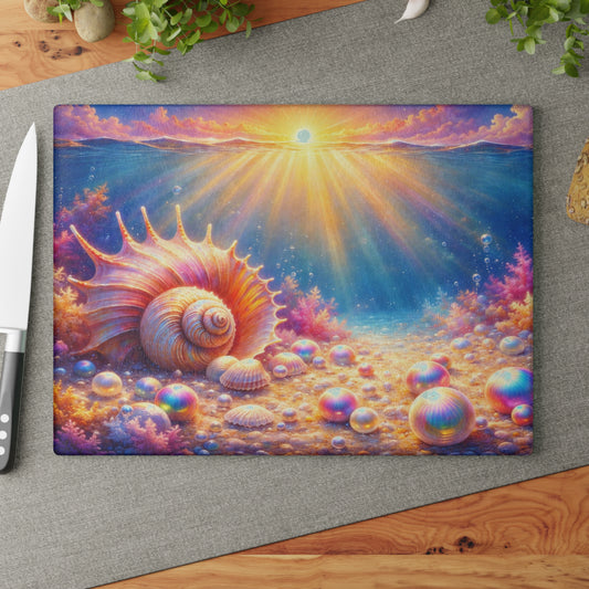 Ocean Sunrise Seashell Glass Cutting Board – Colorful Coastal Kitchen Art