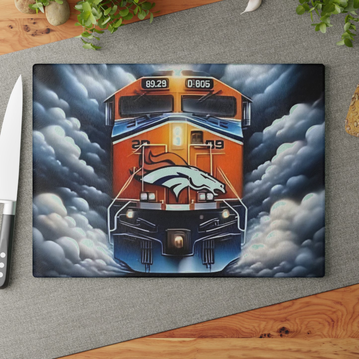 Blue & Orange Express Glass Cutting Board – Dynamic Train Art for Energetic, Bold Kitchens
