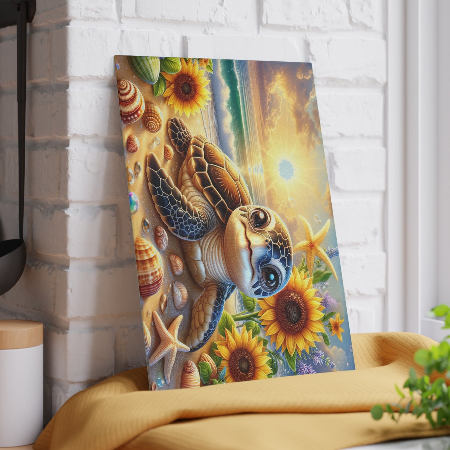 Sunny Shore Sea Turtle Glass Cutting Board – Coastal Beach Artwork with Sunflowers