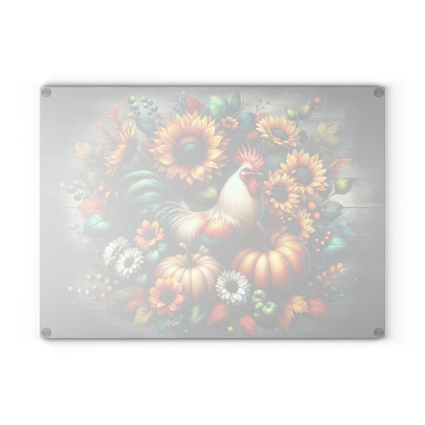 🐓🌻 “Harvest Rooster & Sunflowers” Glass Cutting Board – Cozy Autumn Charm for Your Kitchen