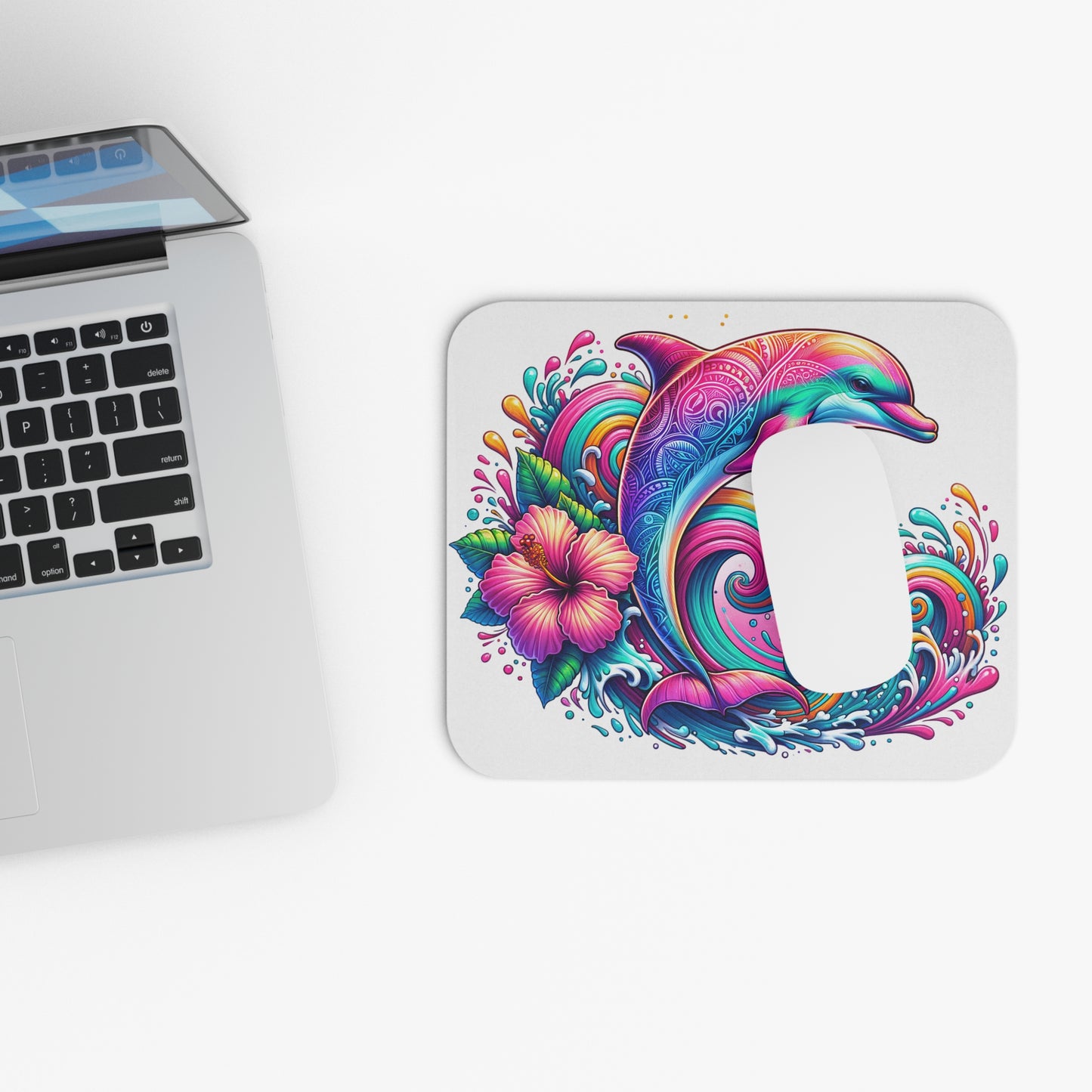 🖱️🐬 Tropical Dolphin Mouse Pad – Vibrant Hibiscus & Waves Desk Art