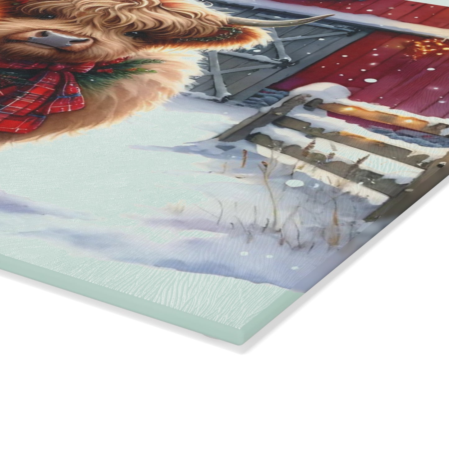 🐮❄️ “Cozy Highland Holiday Cow” Glass Cutting Board – Winter Charm for Your Kitchen