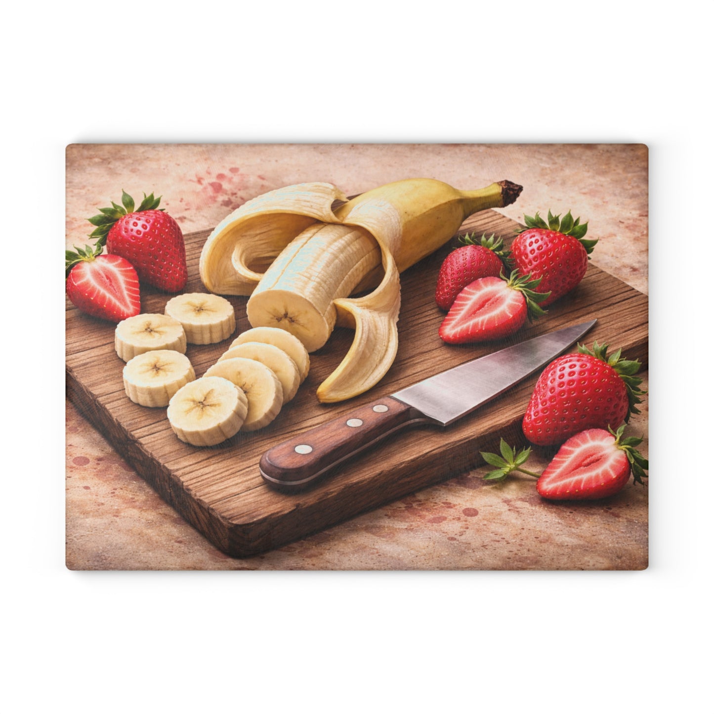 Banana and Strawberry Kitchen Art Glass Cutting Board – Rustic Breakfast Inspired Design