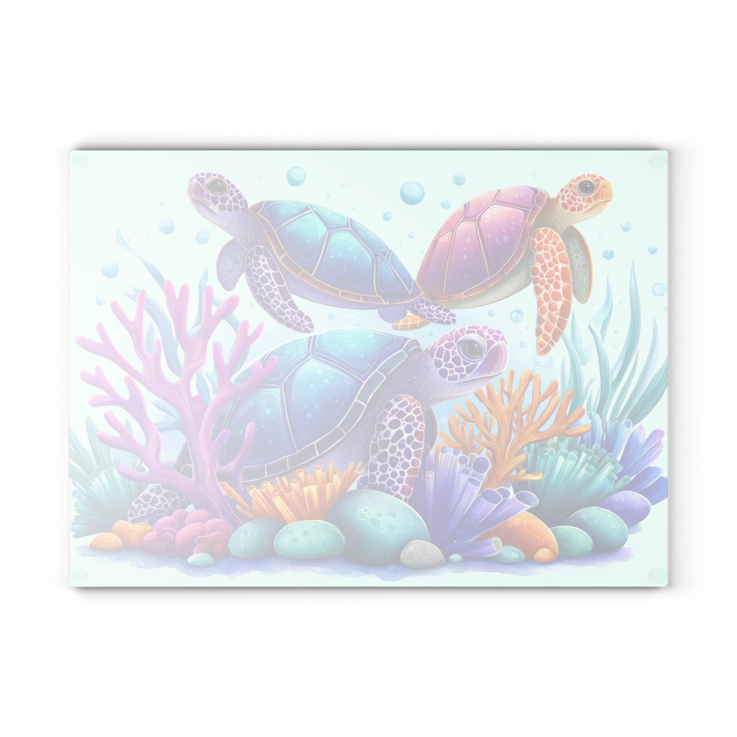 Tabla de cortar con tres tortugas marinas de colores: la alegría del océano se fusiona con la magia submarina