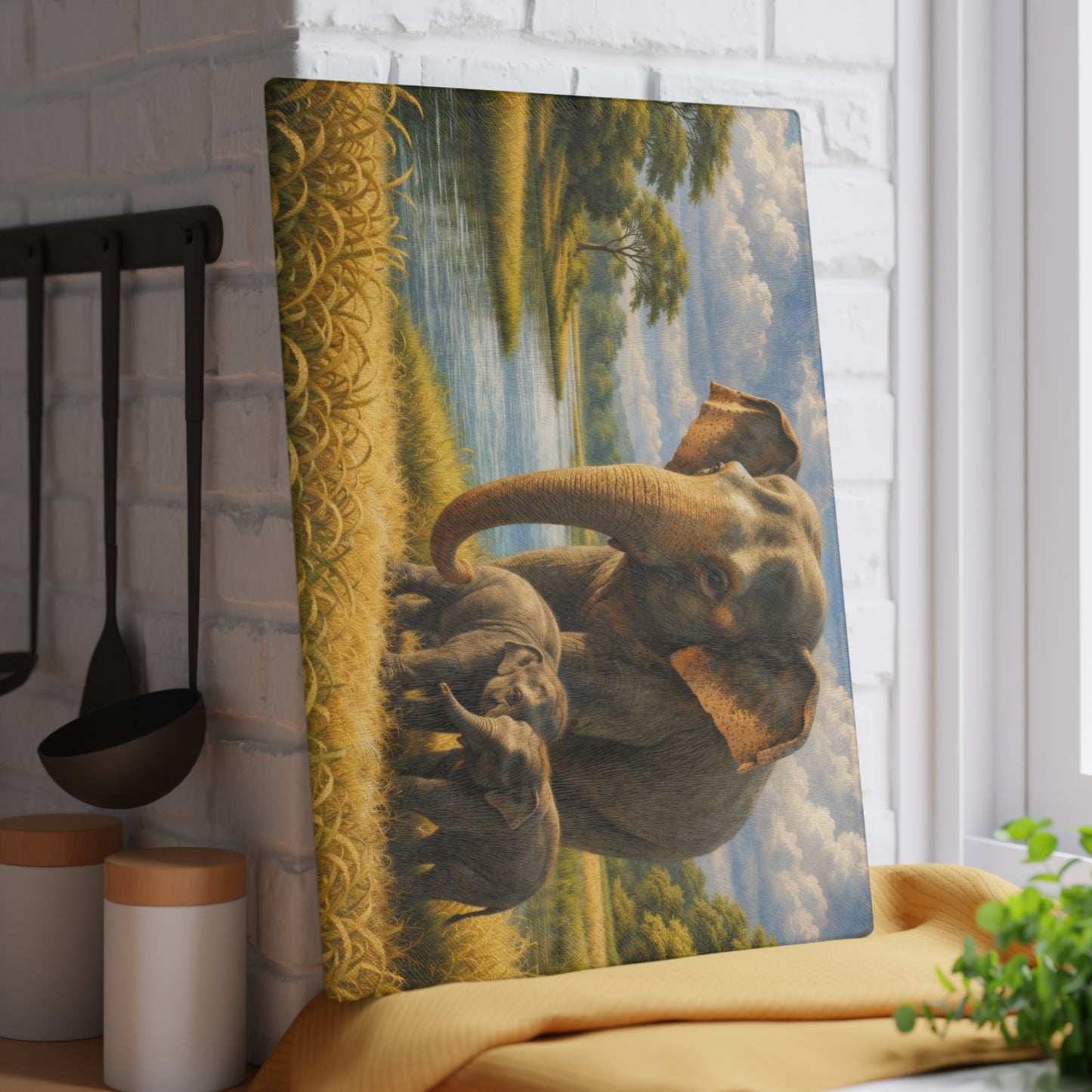 Elephant Family River Meadow Glass Cutting Board – Peaceful Wildlife Landscape Kitchen Art