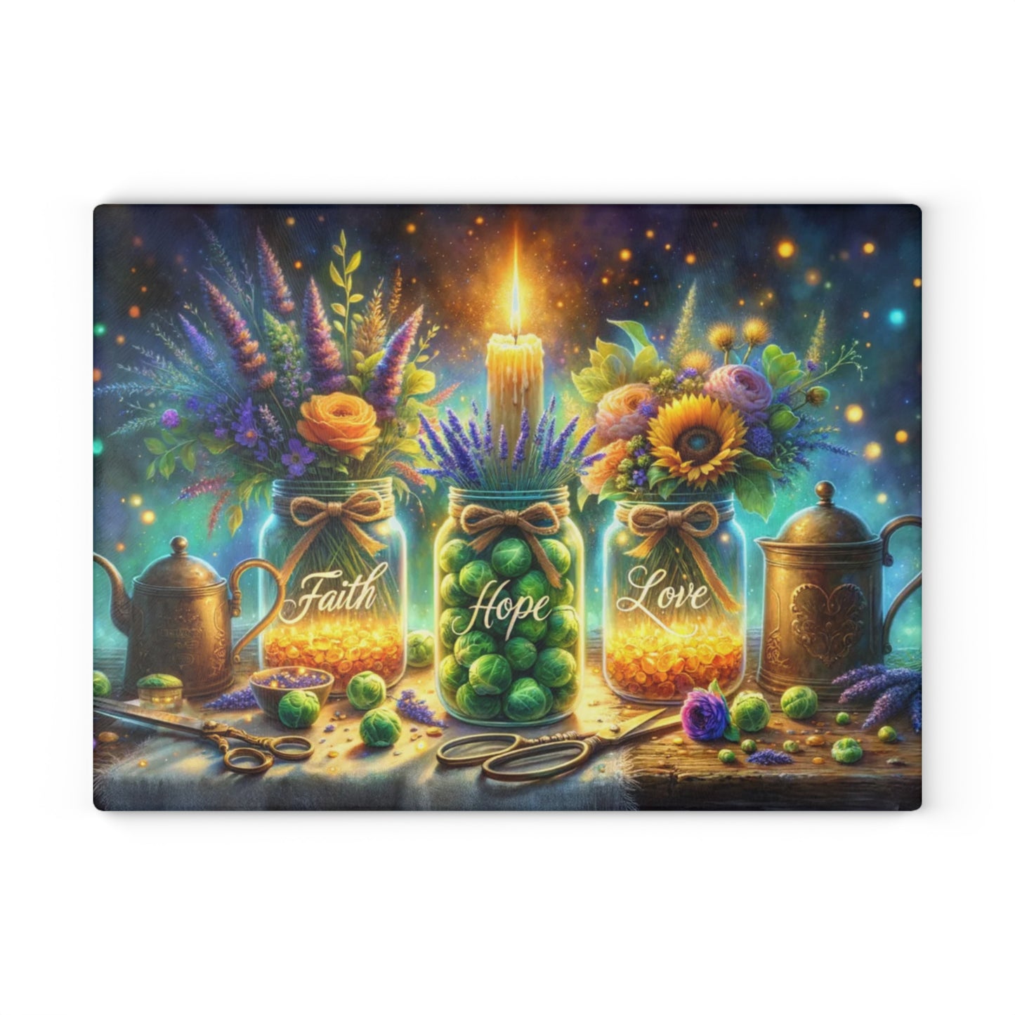 🕯️🌼 “Faith • Hope • Love” Mason Jar Glass Cutting Board – Warm Glow for Your Kitchen