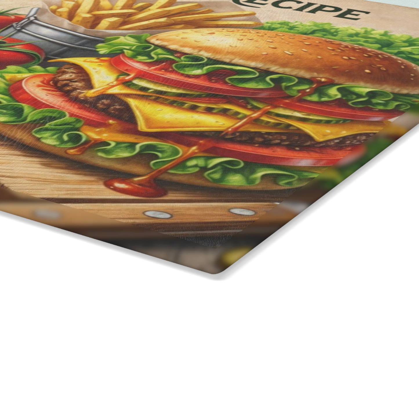 Cheeseburger Recipe Glass Cutting Board – Classic Burger Kitchen Art