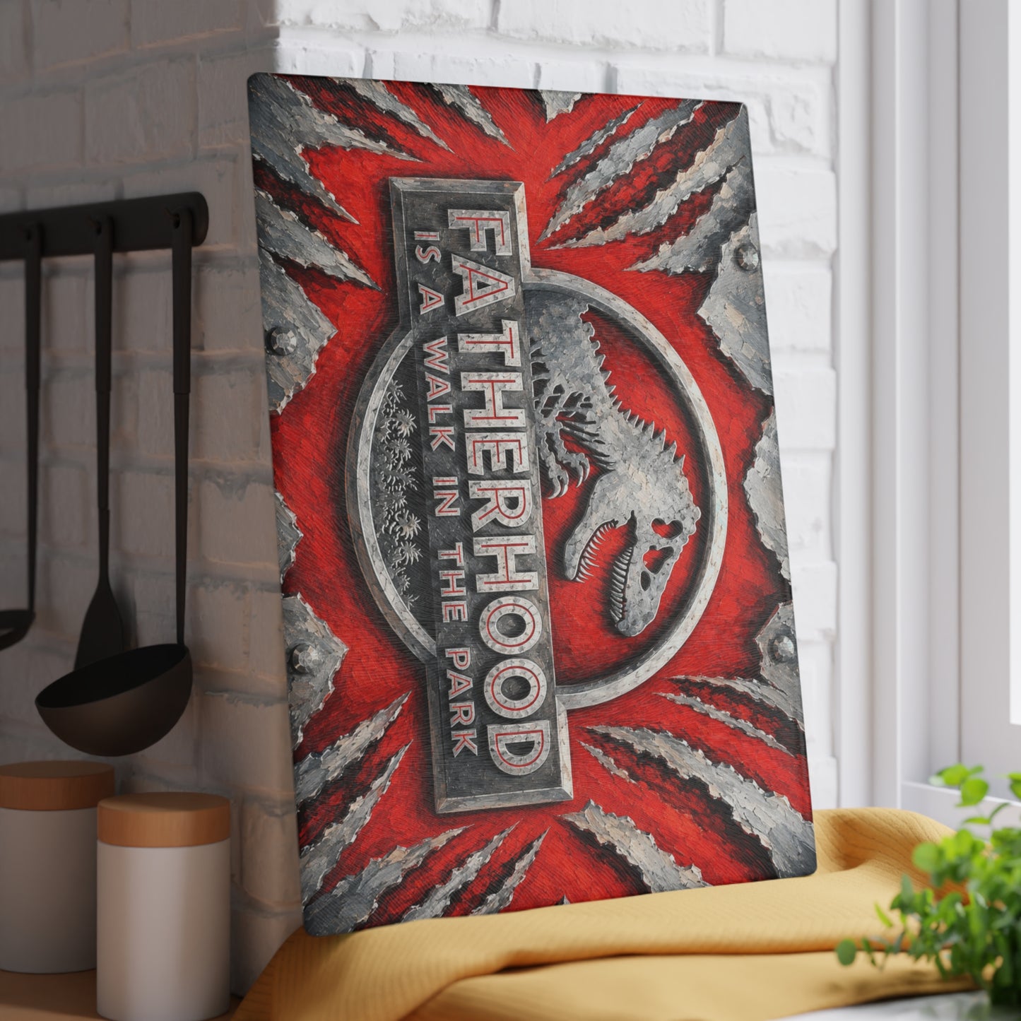 Dinosaur Dad Glass Cutting Board – Funny Father’s Day Gift, Prehistoric Dinosaur Kitchen Decor