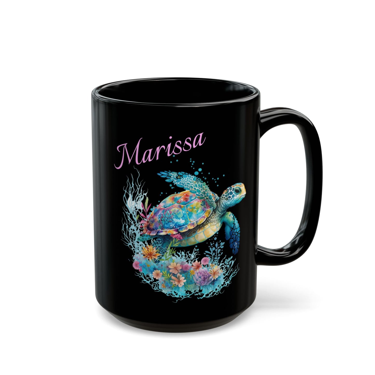 Taza de café personalizada de tortuga marina negra (15 oz) para amantes del océano, taza personalizada del océano, regalo para amantes del mar, taza de café costera, idea de regalo tropical, fanático de las tortugas marinas