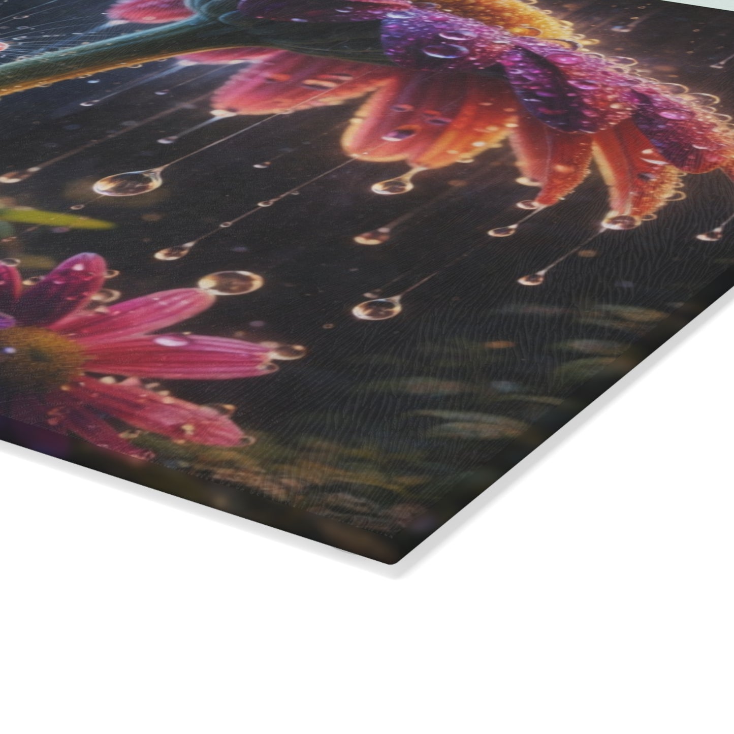 Rainy Garden Mouse Glass Cutting Board – Whimsical Nature Artwork