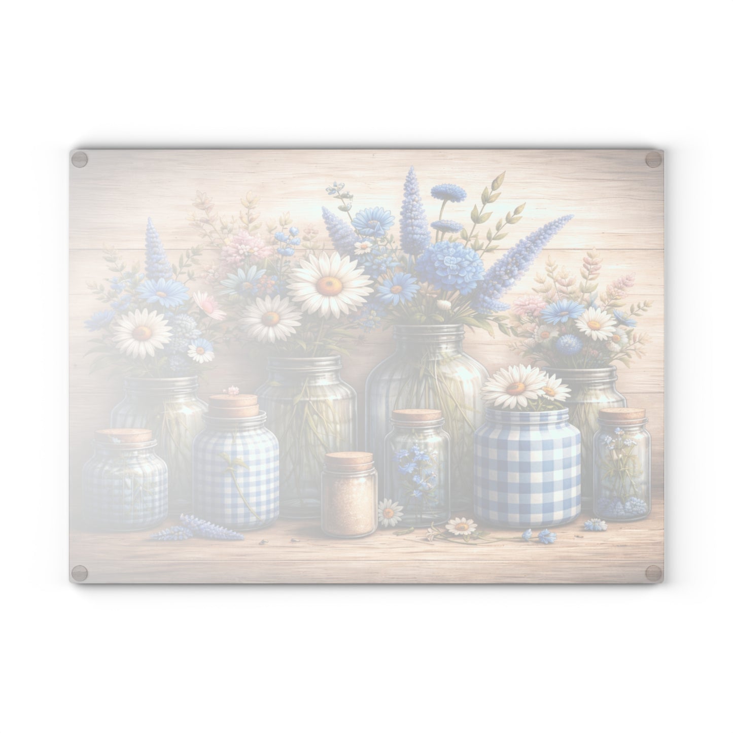 Blue Gingham Wildflower Mason Jar Glass Cutting Board – Rustic Farmhouse Kitchen Decor