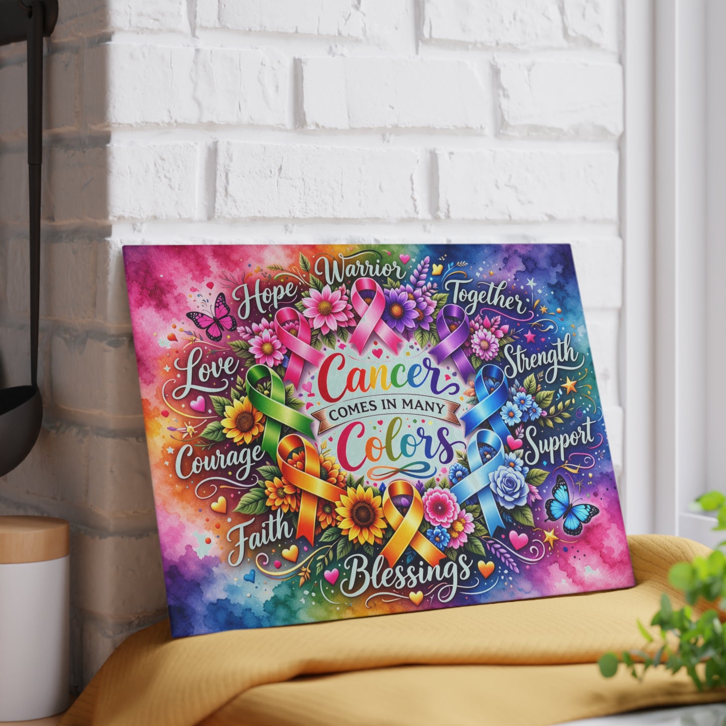 Cancer Comes in Many Colors Glass Cutting Board – Awareness Ribbon Floral Artwork