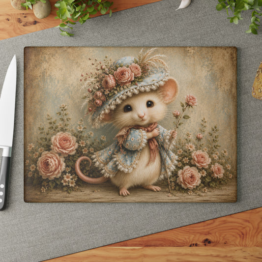 Vintage Cottage Mouse Glass Cutting Board – Whimsical Cottagecore Kitchen Decor