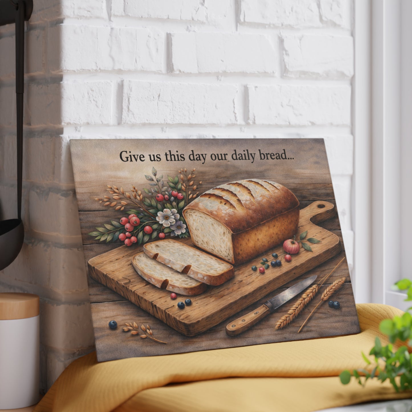 Rustic Artisan Bread Glass Cutting Board – Farmhouse Kitchen Artwork
