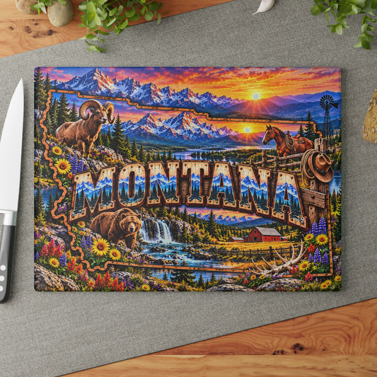 Montana Mountain Sunset Glass Cutting Board – Rustic Wildlife, Western Ranch & Scenic Landscape Kitchen Décor