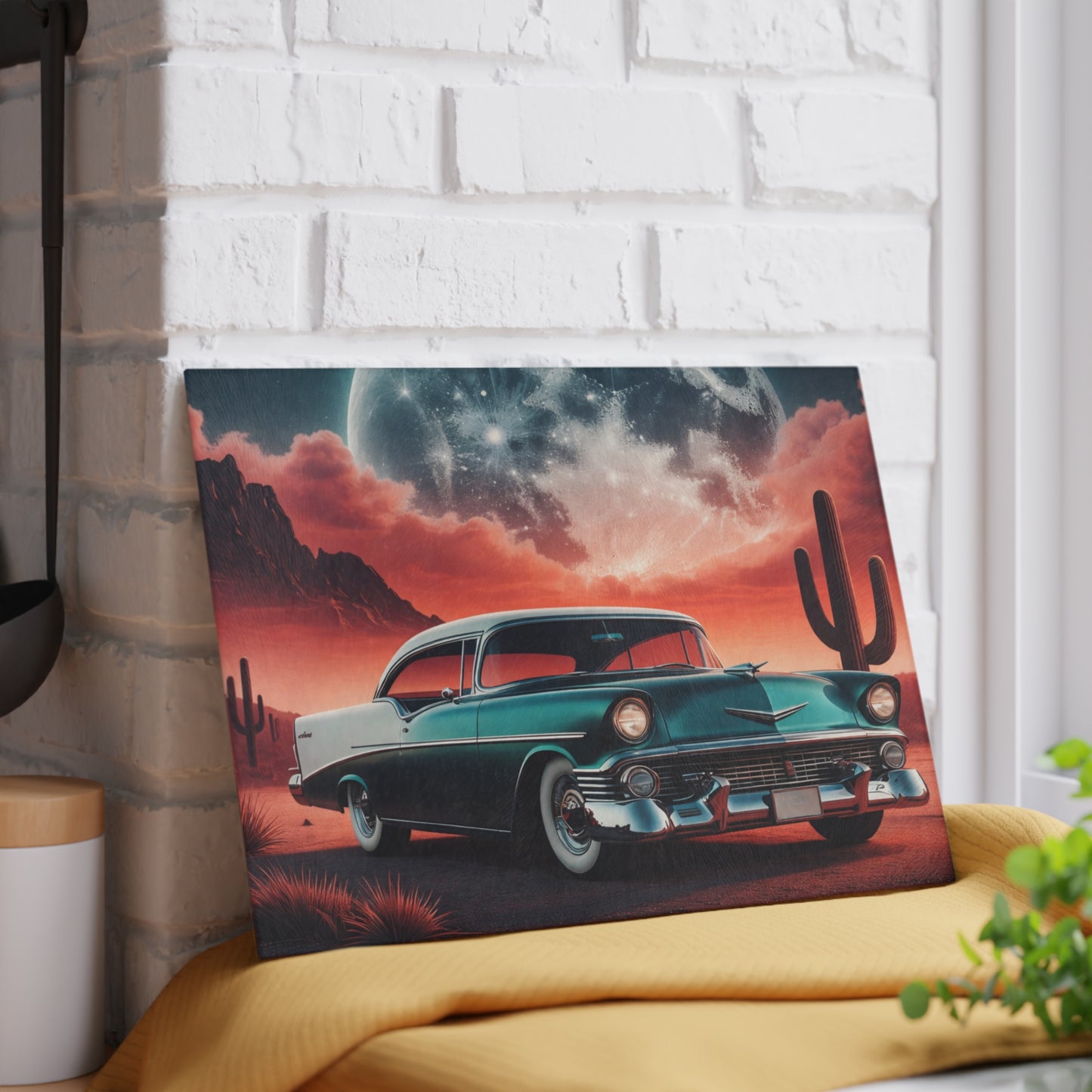 Vintage Desert Drive Glass Cutting Board – Retro Car Artwork with Southwestern Sunset