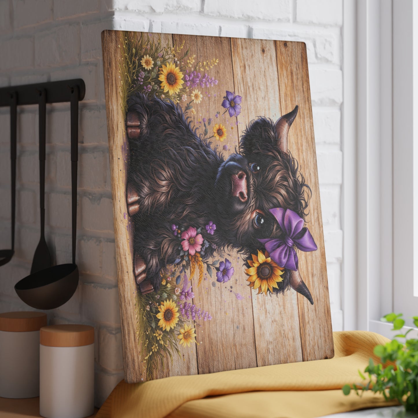 Sunflower Bow Highland Calf Glass Cutting Board – Rustic Farm Animal Art with Floral Country Charm