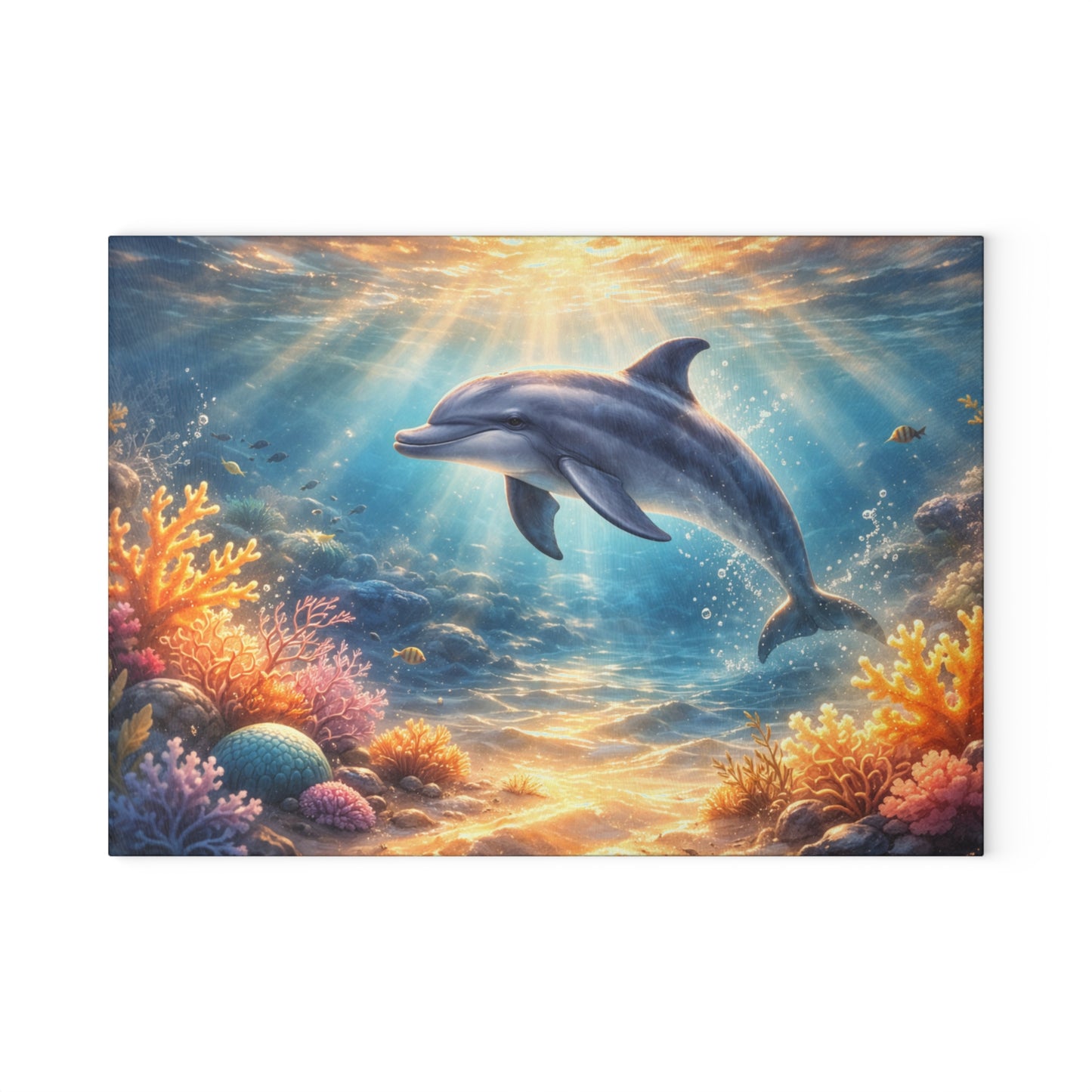 Sunlit Dolphin Glass Cutting Board – Serene Ocean Reef Artwork
