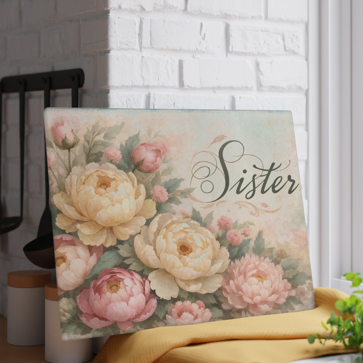 Sister Floral Glass Cutting Board – Elegant Kitchen Gift for Her