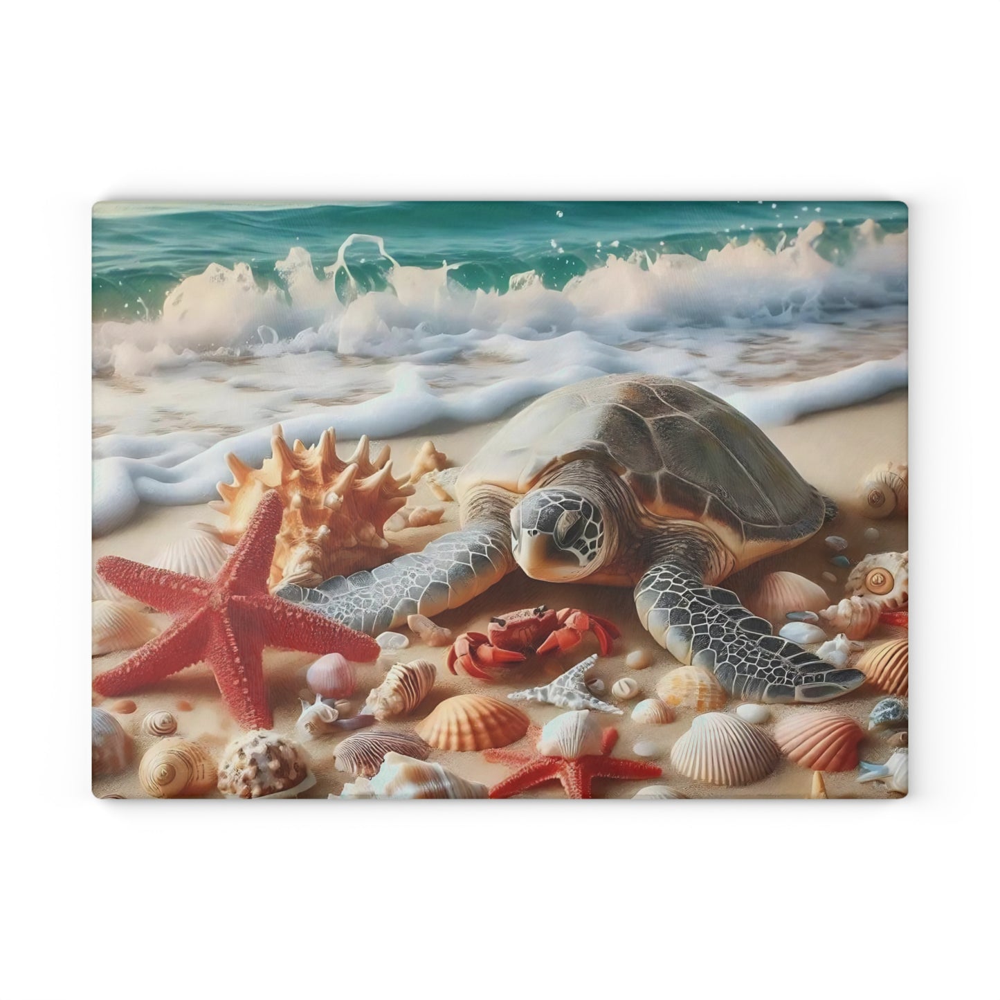 Tabla de cortar de vidrio costera con diseño de tortuga marina y conchas: arte inspirado en el océano para cocinas de playa