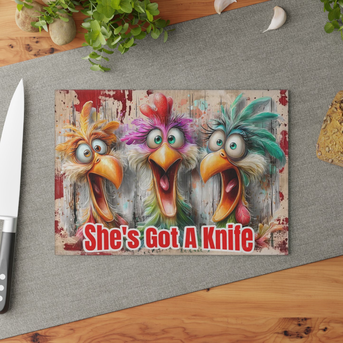 She’s Got a Knife Funny Chicken Glass Cutting Board – Colorful Farmhouse Kitchen Humor