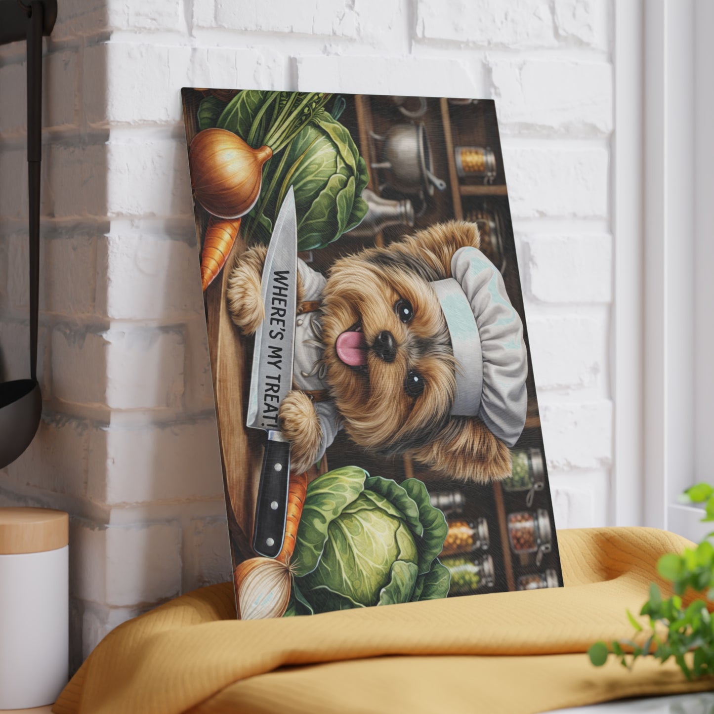 Yorkshire Terrier Chef Glass Cutting Board – “Where’s My Treat!” Playful Kitchen Art