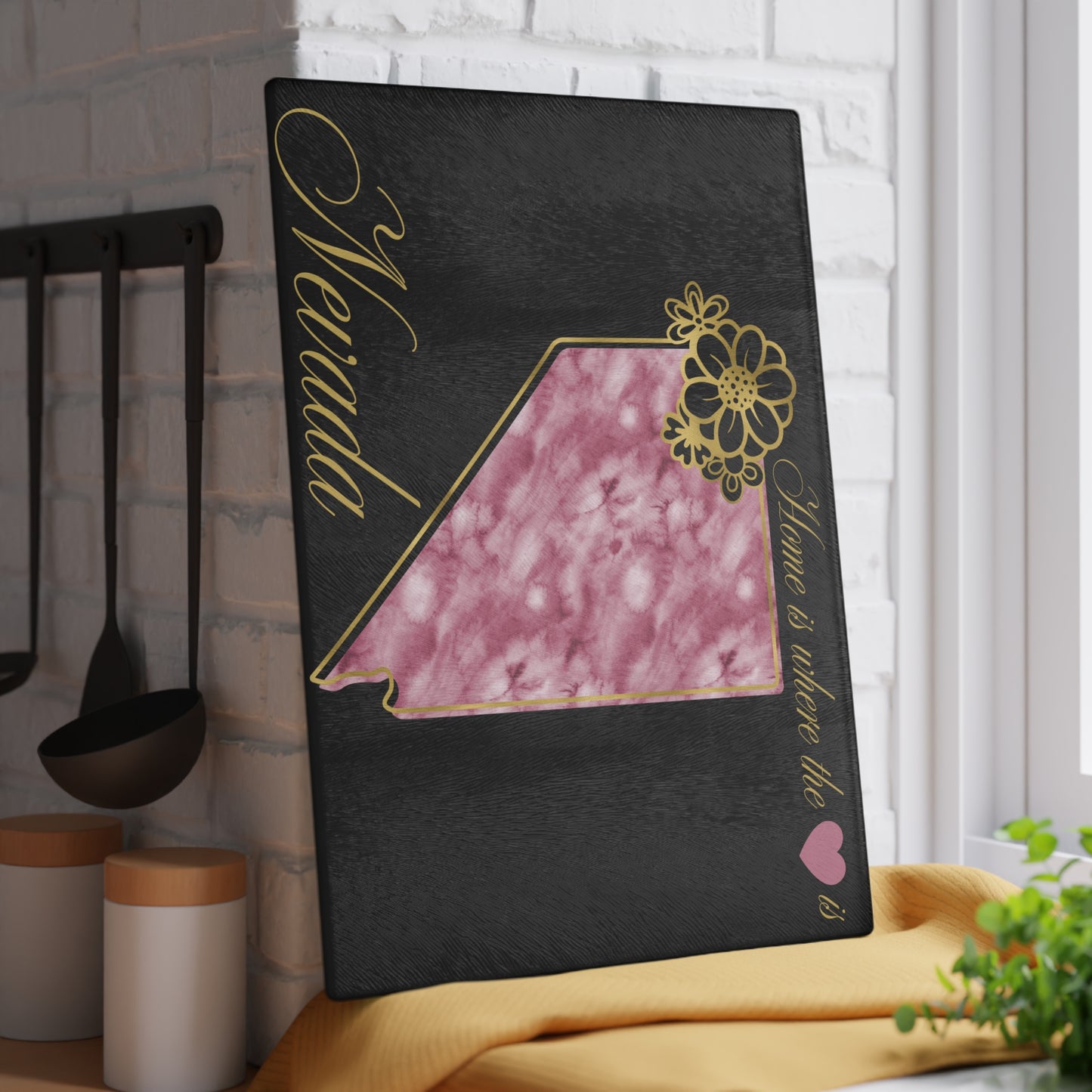 🩷 Nevada State Floral Cutting Board – Watercolor Rose Marble with Golden Script Elegance