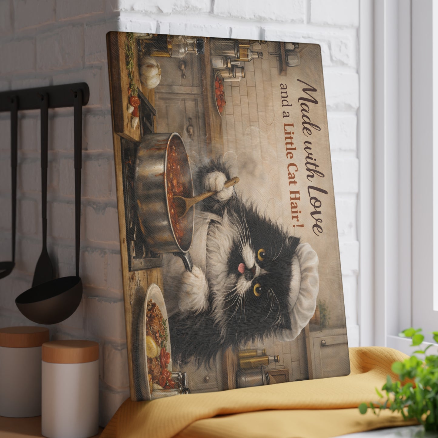 Made with Love and a Little Cat Hair Glass Cutting Board – Funny Cat Kitchen Art