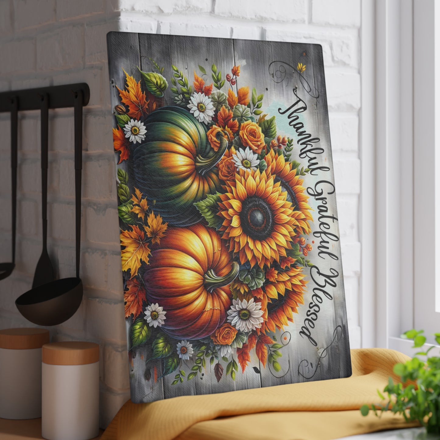 🍂🌻 “Thankful • Grateful • Blessed” Glass Cutting Board – Harvest Glow for Your Kitchen