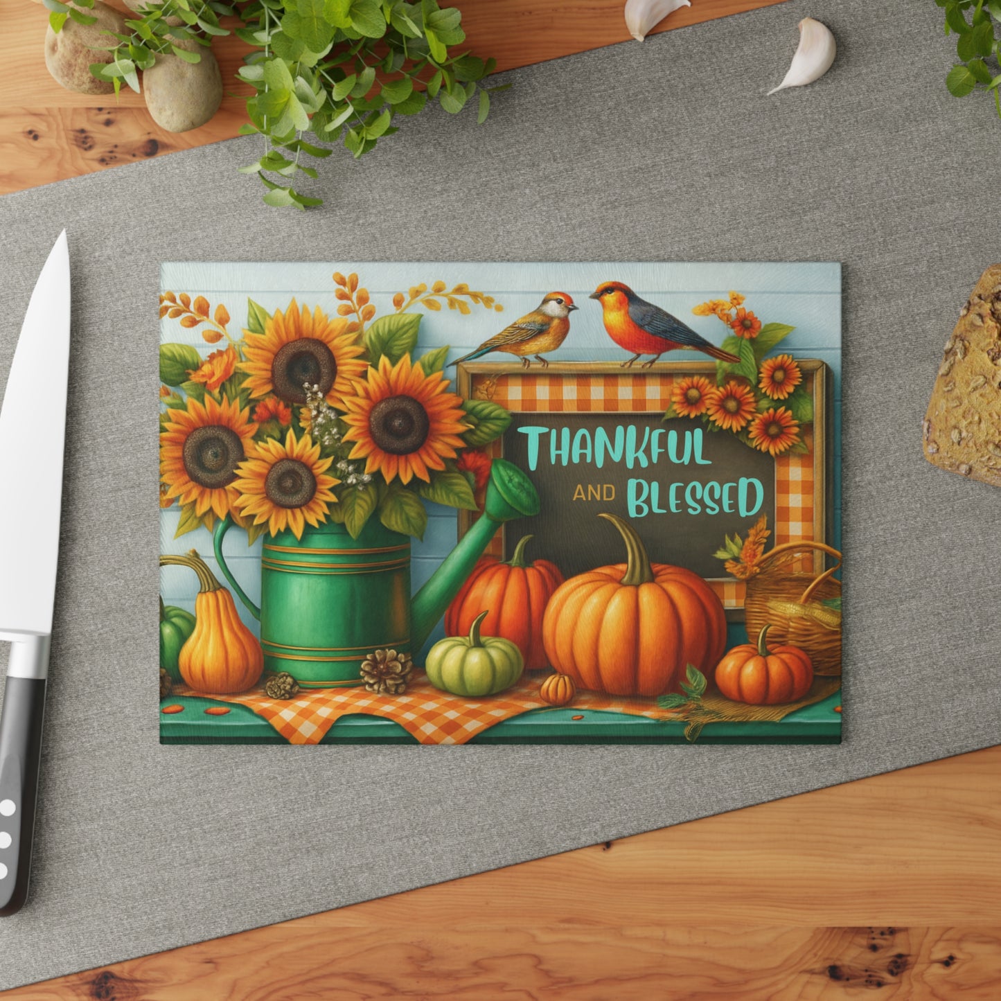 🍂🌻 “Thankful & Blessed Harvest” Tempered Glass Board – Sunny Fall Kitchen Cheer