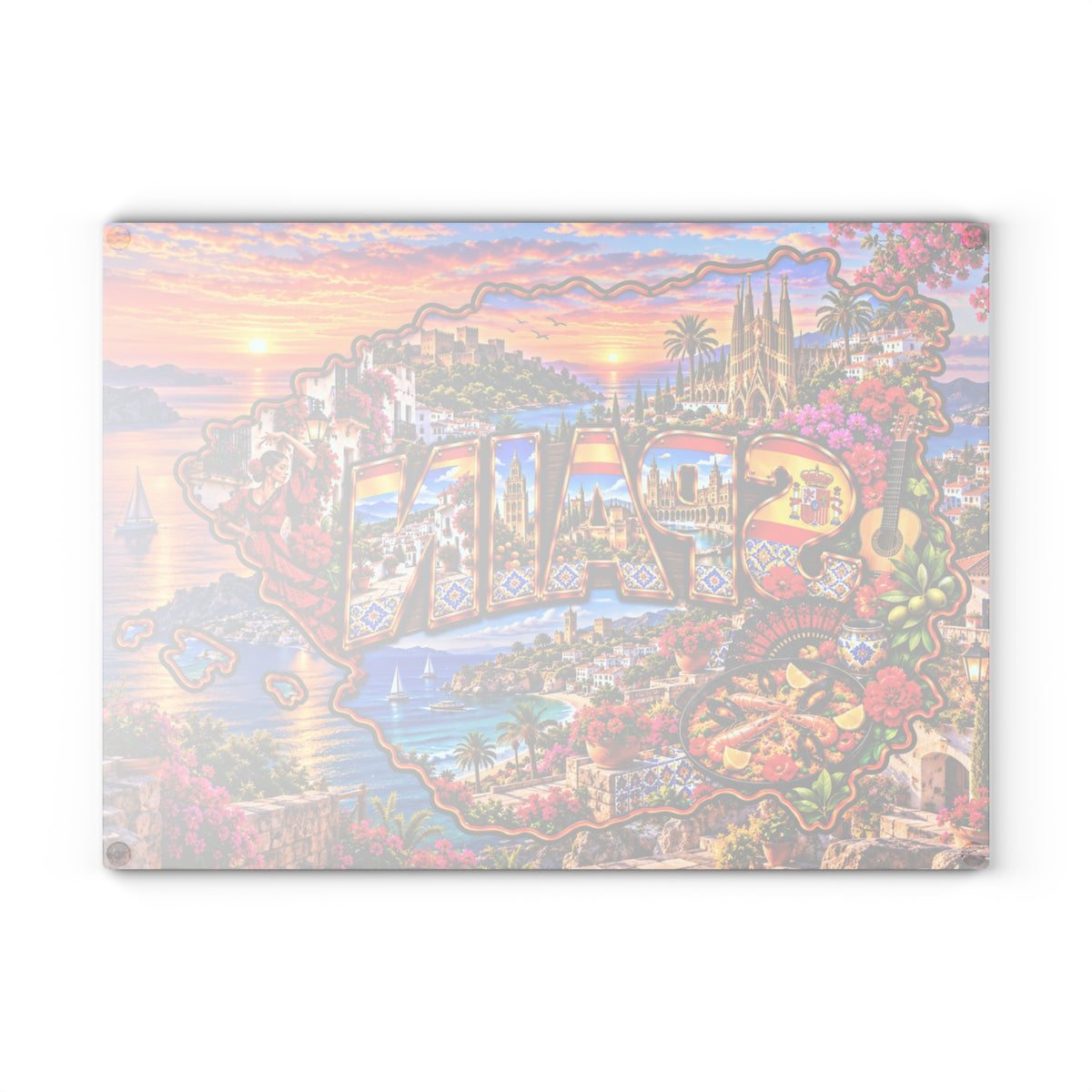 Spain Glass Cutting Board – Spanish Map, Flamenco Dancer, Sagrada Família, Coastal Villages & Mediterranean Sunset Kitchen Décor